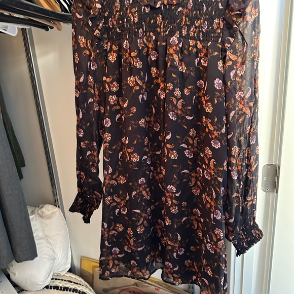 Mini  full-sleeve dress - black with colorful flower designs with gold accents - Picture 6 of 6